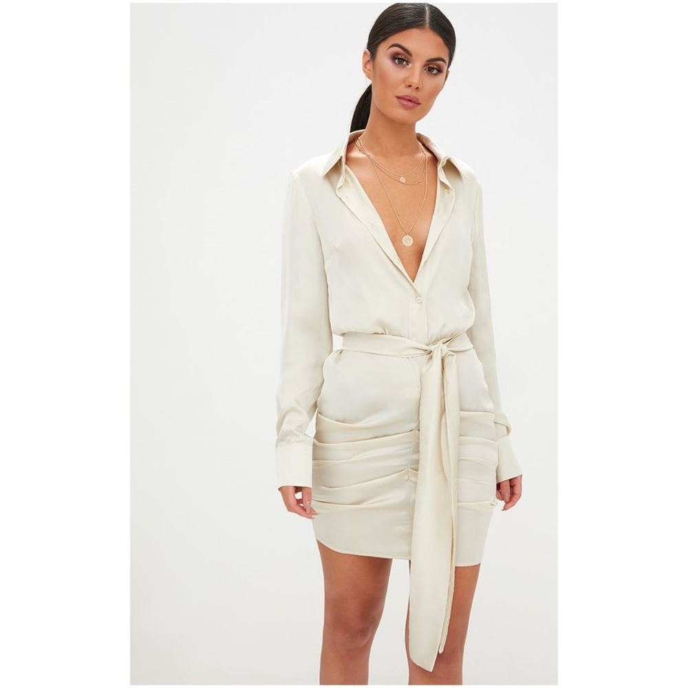 New PLT Champagne Satin Ruched Shirt Dress NWT B6 - Picture 7 of 8